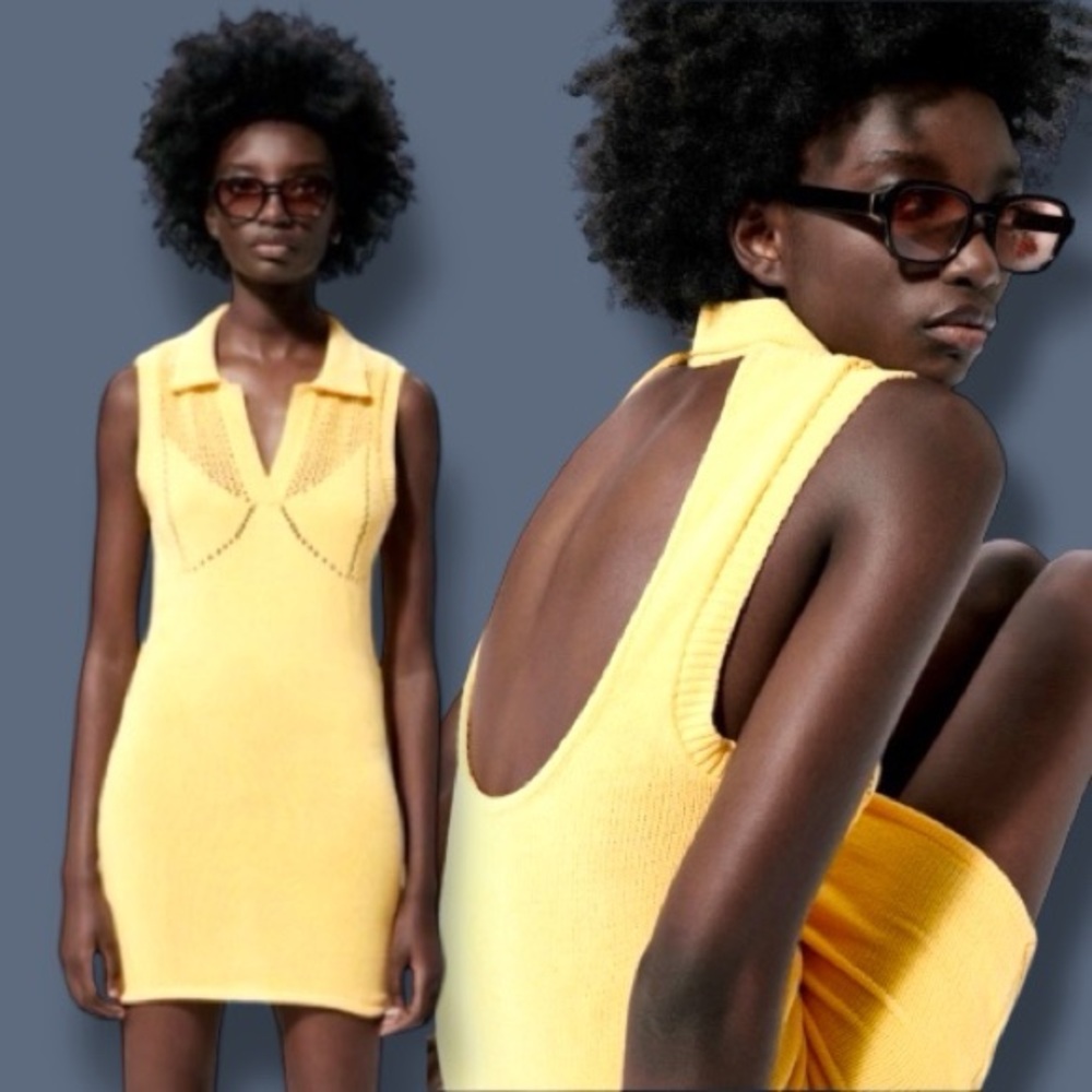 EUC Zara Yellow Knit Perforated Halter Dress. Size S ⭐️ - Picture 2 of 11